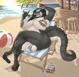 alcohol alternative_fashion american_flag_bikini anthro areola ball balls barbell_piercing beach beach_ball beach_chair beer beverage beverage_can biceps big_breasts bikini black_hair blonde_highlights blotchy_areola breasts clothing crossed_legs crossgender erection eyebrow_piercing eyelashes facial_piercing flag_bikini flag_swimwear footwear foreskin genitals goth grey_areola grey_nipples gynomorph hair half-closed_eyes highlights_(coloring) huge_breasts humanoid_genitalia humanoid_penis hyper inflatable intersex lip_piercing long_eyelashes loose_footwear narrowed_eyes nipple_outline nipple_piercing nipples non-mammal_breasts non-mammal_nipples penis piercing piercing_outline sandals scales scuted_tail sea seaside sharp_teeth shoe_dangle shoes slightly_chubby slightly_chubby_anthro slightly_chubby_gynomorph slightly_chubby_intersex smile smirk smug smug_face snakebite_piercing solo stud_piercing swimwear tail teeth thick_tail thick_thighs tongue tongue_out tongue_piercing two-piece_swimsuit undersized_clothing vein veiny_penis water wide_hips dullvivid duff_beer ellie_(dullvivid) alligator alligatorid crocodilian reptile scalie absurd_res hi_res
