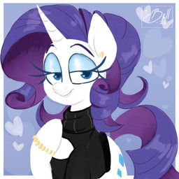 black_clothing black_sweater black_topwear blue_eyes border bracelet clothing cutie_mark ear_piercing ear_stud female feral fur gold_(metal) gold_bracelet gold_ear_piercing gold_ear_stud gold_jewelry hair half-closed_eyes heart_symbol horn jewelry long_hair narrowed_eyes piercing purple_hair purple_tail solo sweater tail topwear white_body white_border white_fur thatponybell friendship_is_magic hasbro my_little_pony mythology rarity_(mlp) equid equine horse mammal mythological_creature mythological_equine pony unicorn 1:1 2026 digital_drawing_(artwork) digital_media_(artwork) english_description hi_res