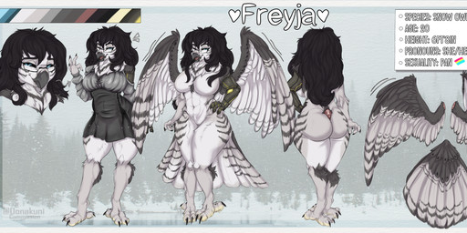 anthro big_breasts breasts eyewear female glasses prosthetic prosthetic_arm prosthetic_limb solo thick_thighs wings oonakuni freyja_(jesolitheavali) avian bird horned_owl owl snowy_owl true_owl absurd_res hi_res model_sheet