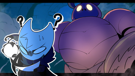 ambiguous_gender bodily_fluids duo empty_eyes eyebrows glowing holding_lamp holding_map lamp map question_mark sweat sweatdrop white_eyes negasimon hollow_knight_(franchise) team_cherry dung_defender_(hollow_knight) ogrim_(hollow_knight) arthropod vessel_(species) 16:9 2026 absurd_res hi_res widescreen male_(lore)