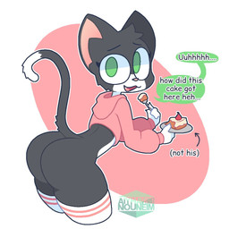 4_fingers anthro bent_over black_body black_eyebrows black_fur black_text butt cake clothing cropped_hoodie cute_fangs dessert dialogue dipstick_tail eating eyebrows eyelashes fangs femboy fingers food fur gloves_(marking) green_eyes green_text holding_fork holding_object holding_plate legwear logo looking_back male markings multicolored_body multicolored_fur open_mouth open_smile pink_background pink_clothing pink_cropped_hoodie pink_inner_ear pink_nose plate raised_eyebrows simple_background smile solo speech_bubble tail tail_markings teeth text thigh_highs white_background white_body white_clothing white_fur white_hands white_legwear white_thigh_highs aiyhav_nouneim neko_obama_(aiyhav_nouneim) domestic_cat felid feline felis mammal 1:1 2025 artist_logo artist_name english_text