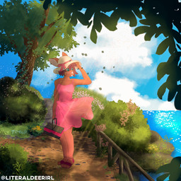 anthro breasts brown_body brown_fur brown_hair buckteeth clothed clothing cloud detailed_background dress female female_anthro footwear fur grass green_eyes hair hat headgear headwear leaf nature outside pink_clothing pink_dress pink_nose plant sandals shoes shrub sky snout solo standing teeth text tree water wind literaldeerirl lagomorph leporid mammal rabbit 1:1 2021 adobe_photoshop_(artwork) artist_name digital_media_(artwork) digital_painting_(artwork) hi_res painting_(artwork) shaded soft_shading