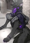 anthro backpack black_body black_fur blue_clothing blue_hoodie blue_topwear clothing fur hoodie inner_ear_fluff machine male outside protogen_visor sitting solo topwear tuft wall_(structure) angiewolf protogen 2022 absurd_res artist_name hi_res