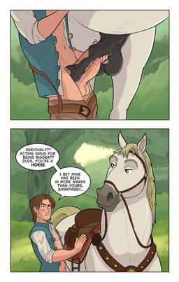 anatomically_correct anatomically_correct_genitalia anatomically_correct_penis animal_genitalia animal_penis balls bestiality blonde_hair blush brown_hair cloth clothed clothing comparing comparing_penis dialogue equine_genitalia equine_penis erection feral frottage genitals glans hair handjob_frottage holding_penis human_on_feral humanoid_genitalia humanoid_penis interspecies larger_feral larger_male male male/male mane partially_clothed penile penis penis_size_difference penises_touching saddle sex size_difference smaller_human smaller_male smile smug text white_body conditional_dnp ekayas disney tangled_(disney) flynn_rider maximus_(tangled) equid equine horse human mammal comic english_text hi_res