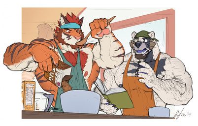 anthro apron arm_hair beard biceps black_pawpads blue_tongue body_hair book bowl box brown_facial_hair chest_scar chest_tuft claws clothing container cooking cup duo empty_eyes eye_scar facial_hair facial_scar facial_spikes finger_claws fur hair holding_book holding_box holding_container holding_object holding_sppon kitchen male measuring_cup multicolored_body multicolored_fur nipples obliques open_mouth orange_apron orange_clothing pawpads pecs pink_pawpads pouring red_eyes red_hair scar spikes spikes_(anatomy) striped_body striped_fur stripes taste_test tasting teal_apron teal_clothing tongue tuft nightterror grimfaust_(nightterror) raykie_(raykie_ff14) bear canid canine canis felid hybrid mammal pantherine polar_bear tiger ursine wolf 2024 dated hi_res signature