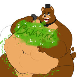 abdominal_bulge anthro belly big_belly bow_tie brown_body brown_fur burp_cloud burping clothing fur hat headgear headwear huge_belly male male_pred open_mouth overweight overweight_male prey_outline rumbling_stomach same_size_vore struggling struggling_prey top_hat vore rockaus15 five_nights_at_freddy's scottgames freddy_(fnaf) bear mammal absurd_res hi_res