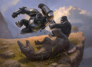 ambiguous_gender angry armor barefoot black_body black_fur cliff cloud day detailed_background elbow_drop feet feral fight fur grass group lying mountain nude on_back open_mouth outside plant plate_armor rock sharp_teeth teeth slawomir_maniak hasbro magic:_the_gathering wizards_of_the_coast ape dinosaur gorilla haplorhine mammal prehistoric_species primate reptile saurischian scalie theropod 2024 digital_media_(artwork) hi_res official_art