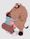 anthro beard belly big_belly big_butt black_beard black_facial_hair black_hair blue_clothing blue_hoodie blue_topwear blush brown_body brown_fur brown_skin butt clothed clothing duo facial_hair footwear fur genitals grey_background grin hair hoodie hooves horn hug male male/male nipples nude overweight overweight_anthro overweight_male pantsless penis penis_size_difference pink_balls pink_penis simple_background size_difference smaller_human smile socks standing thick_thighs topwear juicestandmango mango_(juicestandmango) bovid bovine cattle human mammal hi_res