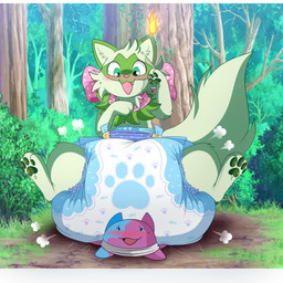 4_fingers 4_toes ambiguous_gender big_diaper blue_body blush blush_lines bow_accessory bow_ribbon clean_diaper clothed clothing cloud_emanata cute_fangs diaper diaper_puff duo emanata facial_markings fangs feet feral fingers fire flustered forest forest_background front_view fur grass green_body green_fur green_pawpads green_tail grey_kerchief grey_neckerchief head_markings huge_diaper kerchief looking_down looking_down_at_partner lying markings multicolored_body nature nature_background neck_bow neckerchief neckwear on_front open_mouth open_smile pawpads pawprint_diaper pink_bow pink_nose plant purple_body raised_hand shrub sitting_on_another smile spotted_accessory spotted_bow tail teeth toes tree two_tone_body wearing_diaper jupiters nintendo pokemon mimi_(burritokitten) smolder_(burritokitten) ditto_(pokemon) generation_1_pokemon generation_9_pokemon pokemon_(species) sprigatito 1:1 hi_res letterbox