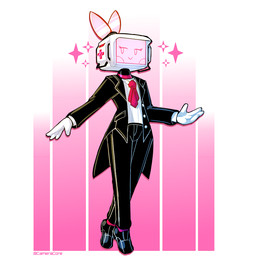 butler clothed clothing crossdressing female machine not_furry screen screen_face simple_background smile solo suit baronflint avalon_(baronflint) humanoid robot robot_humanoid 1:1