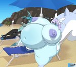 anthro beach big_breasts bikini breasts clothing duo femboy femboy/intersex gynomorph huge_breasts hyper hyper_breasts inflated_belly intersex male slightly_chubby swimwear thick_thighs two-piece_swimsuit wardrobe_malfunction cobaltkilter nintendo pokemon casper_(cobaltkilter) gabe_(dreamingneonblack) eeveelution generation_4_pokemon generation_5_pokemon generation_6_pokemon glaceon gothitelle hybrid pachirisu pokemon_(species) sylveon hi_res