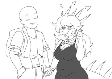5_fingers anthro backpack bald belly blush blush_lines clothing dress duo facial_horn female fingers hair hand_holding hand_in_pocket head_spikes heart_symbol horn jacket long_hair long_tail looking_at_viewer male male/female nose_horn open_mouth open_smile pockets slightly_chubby smile snout spiked_tail spikes spikes_(anatomy) tail topwear arsenic_iii cavemanon_studios goodbye_volcano_high ko_op_(game_developer) snoot_game anon_(snoot_game) rosa_(gvh) aquilops ceratopsian dinosaur human mammal marginocephalian ornithischian prehistoric_species reptile scalie 2024 hi_res monochrome