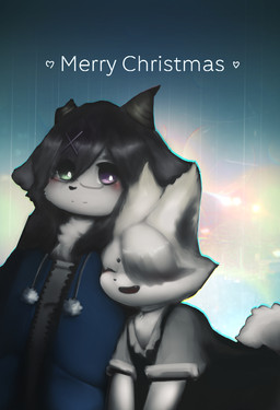 accessory anthro bangs black_clothing black_hair black_inner_ear black_nose blue_clothing blush broken_horn chest_tuft choker clothing duo eyewear female fluffy fluffy_tail glasses green_eyes grey_clothing grey_horn hair hair_accessory hairclip heart_symbol heterochromia holiday_message holidays horn jacket jewelry kemono looking_at_another necklace one_eye_obstructed open_mouth pink_eyes pupils raining red_cross smile tail text topwear tuft unusual_pupils white_body white_ears white_hair white_pupils white_tail hasukii christmas hazuki_mikami_(hasukii) bovid canid canine caprine goat mammal character_request english_text