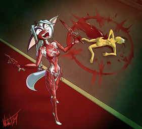 anthro armor blood blue_eyes bodily_fluids breasts butt clothed clothed_female clothing covered_in_blood death duo female fur horn knife male nude_male short_tail tail yellow_body yellow_fur shoop400 baldur's_gate dreamkeepers family_guy_death_pose randy_(dreamkeepers) wisp_(dreamkeepers) bovid caprine domestic_cat felid feline felis goat mammal 2024 hi_res meme