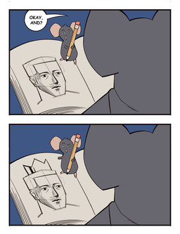 2_panel_comic 3_toes 4_fingers ambiguous_feral ambiguous_gender black_text border buckteeth clothing dialogue drawing_(action) eyebrows feet feral fingers grey_body grey_clothing holding_object holding_pencil male male_human pencil_(object) simple_background speech_bubble teeth text toes white_border bonnymama7 daisy_(bonnymama7) sneach_(bonnymama7) the_king_(bonnymama7) human mammal rodent 2025 comic comic_sans digital_media_(artwork)