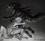 anthro black_body black_fur blood bodily_fluids breasts duo featureless_breasts female female/female fur hair hug nipples nude tears teeth text white_body white_fur wounded grungecandy canid canine canis mammal wolf english_text