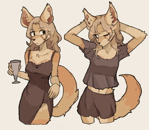 anthro big_ears biped black_eyes bottomwear breasts brown_bottomwear brown_clothing brown_dress brown_shirt brown_shorts brown_topwear clothing container dress female fluffy fluffy_tail glass glass_container hair hand_on_head holding_glass holding_object long_hair multicolored_body orange_body shirt shorts simple_background solo standing tail tan_body tan_hair topwear two_tone_body hhonchkrow234 canid canine fennec_fox fox mammal true_fox hi_res