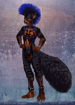 anthro arm_tattoo belt belt_buckle black_body black_fur black_hair blue_hair brown_body brown_fur buckle chaps chest_tattoo cigarette clothing collar ear_piercing ear_ring facial_piercing forehead_piercing fur hair harness jockstrap leg_cuffs male mohawk navel navel_piercing nipple_piercing nipple_ring nipples nose_piercing nose_ring piercing ring_piercing smoking solo studded_collar studs tail tattoo underwear wristband sabretoothed_ermine jace_stewart mammal rodent sciurid tree_squirrel hi_res