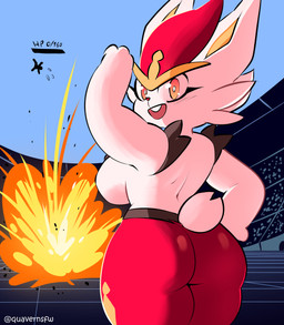 anthro big_breasts black_body black_fur breasts butt female female_anthro fur looking_at_viewer looking_back looking_back_at_viewer multicolored_body multicolored_fur open_mouth open_smile orange_eyes red_body red_fur side_boob smile smiling_at_viewer solo tail text white_body white_fur quavernsfw nintendo pokemon cinderace generation_8_pokemon pokemon_(species) 2026 absurd_res artist_name hi_res