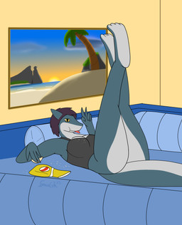 anthro blep bottomless breasts chips_(food) clothed clothing crumbs detailed_background female food furniture gesture hand_gesture inside legs_up looking_at_viewer lying non-mammal_breasts non-mammal_ears non-mammal_hair on_back on_sofa painting_(object) pillow sofa solo tongue tongue_out v_sign spaceg3n crackers_in_bed_pose aquatic fish shark absurd_res hi_res