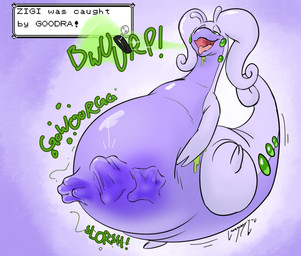 abdominal_bulge ambiguous_gender anthro belly big_belly bodily_fluids burp_cloud burping burping_up_object collar collar_tag face_imprint hand_imprint imprint motion_lines name_tag open_mouth purple_body rumbling_stomach saliva slime soft_vore solo standing tail text tongue tongue_out toothless_mouth unwilling_prey vore longscary nintendo pokemon generation_6_pokemon goodra pokemon_(species) 2026 english_text hi_res signature