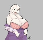 anthro arms_bent big_breasts bra breasts cleavage clothed clothing ellipsis exposed_bra exposed_underwear expression_avatar eyes_closed female floppy_ears hands_under_breasts horn huge_breasts number off_shoulder open_mouth open_smile percentage robe smile solo text underwear white_body cumbread third-party_edit undertale undertale_(series) toriel boss_monster_(undertale) bovid caprine goat mammal english_text hi_res