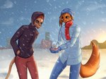 anthro duo gift male male/male scarf snow sosalkis domestic_cat felid feline felis lion mammal pantherine somali_cat hi_res