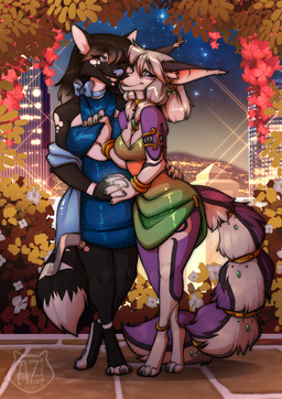 anthro black_body black_fur black_hair blue_clothing blue_dress blue_ribbon breasts city city_background cityscape clothing clothing_grab digit_ring dress duo female female/female flower fur green_clothing green_dress hair hand_holding jewelry leaf multicolored_body multicolored_fur night plant purple_body purple_fur red_flower ring standing wedding_ring white_body white_flower white_fur white_hair azaleesh ayre_(flemina) becky_(coltron20) canid mammal hi_res