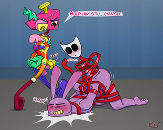 ambiguous_gender angry anthro bdsm blush blush_lines bodily_fluids bondage bound bullying butt command dialogue eyes_closed falling_over feet female fur genitals group hands_behind_back hitting_head imminent_sex interchangeable_genitals kneeling male male/female mask motion_lines onomatopoeia pain penis purple_body pushed_down ribbon_bondage ribbon_restrained ribbons ribbons_(anatomy) sound_effects speech_bubble submissive submissive_female submissive_male sweat tail text trio lixy_art glitch_productions the_amazing_digital_circus gangle_(tadc) jax_(tadc) zooble_(tadc) animal_humanoid animate_inanimate humanoid lagomorph lagomorph_humanoid leproid living_toy mammal mammal_humanoid hi_res nonbinary_(lore)