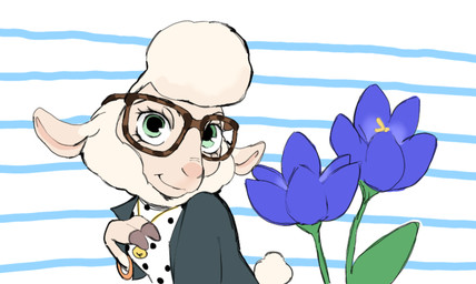 anthro bell_necklace black_overcoat eyewear female flower fur glasses hooves night_howlers pattern_background plant purple_flower simple_background solo striped_background wearing_glasses white_body white_fur white_wool wool_(fur) wool_hair miss-ewe3479 disney zootopia dawn_bellwether bovid caprine mammal sheep hi_res