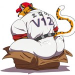 anthro baseball_cap baseball_uniform belt big_butt box butt clothed clothing container crouching feline_tail hat headgear headwear male markings muscular muscular_male raised_tail solo sport sportswear striped_markings stripes tail text uniform goldlightyou kbo_league kia_tigers hogeori felid mammal pantherine tiger 1:1 hi_res korean_text