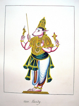 4_arms 5_fingers 5_toes anklet anthro bindi biped bracelet clothed clothed_anthro clothed_male clothing digit_ring feet finger_ring fingers hair headgear holding_object holding_staff humanoid_feet humanoid_hands indian_clothing jewelry male male_anthro multi_arm multi_limb necklace pelvic_curtain plantigrade religion sash simple_background solo staff standing text toes unknown_artist asian_mythology hindu_mythology hinduism mythology public_domain nandi_(deity) bovid bovine cattle deity deva mammal 19th_century absurd_res ancient_art character_name gouache_(artwork) hi_res painting_(artwork) traditional_media_(artwork) traditional_painting_(artwork)