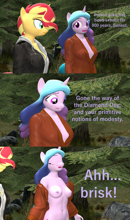 anthro anthrofied black_clothing blonde_hair blue_hair breasts clothing dialogue eyelashes eyes_closed female hair horn navel nipples open_mouth outside purple_body red_hair talking_to_another text undressing papadragon69 comedy_central equestria_girls futurama hasbro mlp_g5 my_little_pony mythology izzy_moonbow_(mlp) sunset_shimmer_(eg) equid equine mammal mythological_creature mythological_equine unicorn 3d_(artwork) absurd_res comic digital_media_(artwork) english_text hi_res