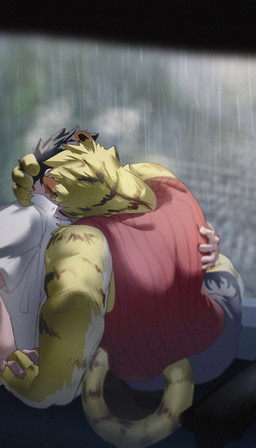 anthro back_muscles black_hair bottomwear clothing duo fur hair hand_holding holding_head human_on_anthro interspecies kissing larger_anthro larger_male male male/male multicolored_body multicolored_fur muscular muscular_anthro muscular_male raining red_clothing red_shirt red_tank_top red_topwear romantic romantic_couple shirt shorts size_difference smaller_human smaller_male striped_body striped_fur stripes tan_body tan_fur tank_top topwear two_tone_body two_tone_fur white_body white_fur yellow_body yellow_fur tchaikovsmin morenatsu hiroyuki_nishimura torahiko_ooshima felid human mammal pantherine tiger 2022 absurd_res hi_res