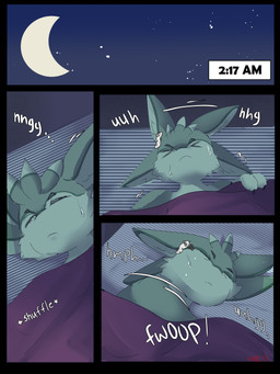 accessory anthro bed bodily_fluids crescent_moon eyes_closed furniture green_body hair_accessory male moon night on_bed simple_background solo star sweat sweatdrop text raveneevee levi_(fatcat4t4) 3:4 absurd_res comic english_text hi_res