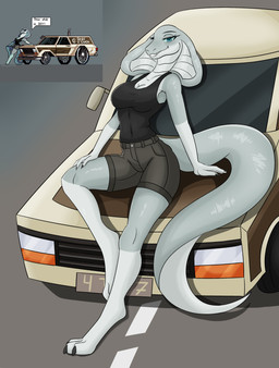 anthro big_tail breasts car female non-mammal_breasts paws solo tail vehicle invz alaska_(pavlentine) cobra reptile scalie snake absurd_res hi_res