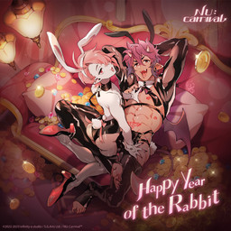 2_horns abs accessory bangs between_legs bow_ribbon bunny_costume butt canon_couple choker claws clothed clothing coin costume crossdressing detailed_background diamond_(gem) duo fake_ears fake_rabbit_ears fangs feet femboy footwear furgonomics furniture gem glistening glistening_body glistening_butt glistening_clothing hair hair_over_eye headband high-angle_view high_heels horn humanoid_feet humanoid_pointy_ears inside jewelry kiss_mark kneeling legwear lidded_eyes lights looking_at_viewer lying male male/male membrane_(anatomy) membranous_wings muscular muscular_humanoid muscular_male neck_bow necklace on_back on_model on_sofa one_eye_obstructed open_mouth open_smile pale_skin pink_hair pink_tongue plantigrade pointy_ears purple_hair red_eyes ribbons scut_tail shoes short_hair short_tail skimpy smile sofa spade_tail stockings tail tail_accessory tail_bow tail_ribbon tan_body tan_skin teeth text toe_claws toes tongue tongue_out wings womb_tattoo unknown_artist chinese_zodiac nu:_carnival year_of_the_rabbit aster_(nu:_carnival) morvay_(nu:_carnival) demon demon_humanoid humanoid vampire 1:1 english_text official_art