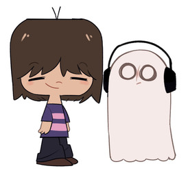 ambiguous_gender blush brown_hair clothing duo electronics footwear hair headphones male not_furry shoes smile style_emulation leaf-submas cartoon_network foster's_home_for_imaginary_friends undertale undertale_(series) frisk_(undertale) napstablook ghost human mammal spirit crossover