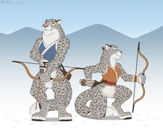 4_toes 5_fingers animal_genitalia anthro arrow_(weapon) balls bottomless bottomless_anthro bottomless_female bottomless_male bow_(weapon) casual_exposure clothed clothing duo feet female fingers fur genitals hindpaw humanoid_hands kneeling male markings paws ranged_weapon sheath snow spots spotted_body spotted_fur tail toes weapon jishinu felid mammal pantherine snow_leopard 2026 5:4 hi_res