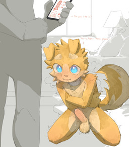 adult_on_young age_difference anthro arm_tuft ball_tuft balls bed blue_eyes bodily_fluids bulge cellphone collar dialogue drooling duo electronics erection explicitly_stated_consent eyebrows facial_tuft floppy_ears fluffy fluffy_tail fur furniture genital_fluids genitals holding_object humanoid_genitalia humanoid_penis kneeling lamp leaking_precum looking_at_viewer looking_pleasured male male_anthro metal_collar motion_lines nude_anthro nude_male penis phone pink_penis precum remote_controlled_vibrator saliva sex_toy shaking shoulder_tuft size_difference smartphone standing tail tan_balls tan_body tan_eyebrows tan_fur text trembling tuft yellow_body yellow_fur young young_anthro young_male regcron crowl_(regcron) canid canine canis domestic_dog mammal 2026 english_text hi_res