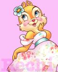 anthro beld blue_eyes blush clothed clothing dress eyelashes female floral_dress flower fur hand_on_cheek open_mouth open_smile plant red_nose simple_background smile solo tan_body tan_fur text lottataro chip_'n_dale disney clarice_(disney) chipmunk ground_squirrel mammal rodent sciurid english_text