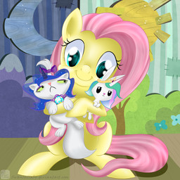 blue_eyes blue_hair clothing collar costume crown eyeshadow female feral flower gold_(metal) group hair headgear horn hug makeup male moon mountain multicolored_hair outside pink_hair plant sparkles sun tree swanlullaby friendship_is_magic hasbro my_little_pony angel_(mlp) fluttershy_(mlp) opalescence_(mlp) domestic_cat equid equine felid feline felis horse lagomorph leporid mammal pony rabbit 1:1 2014