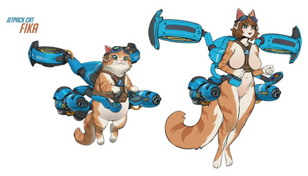 anthro anthrofied big_breasts breasts brown_body brown_fur brown_hair cat_tail clothing eyewear eyewear_on_head featureless_breasts featureless_crotch female feral fur goggles goggles_on_head green_eyes gun hair harness hat headgear headwear jet_pack machine_gun navel ranged_weapon tail weapon kambo blizzard_entertainment overwatch fika_(overwatch) domestic_cat felid feline felis mammal absurd_res hi_res