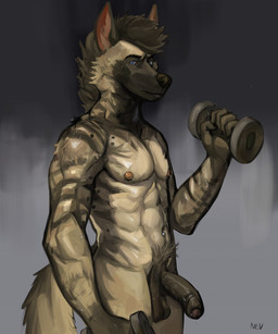 anthro big_ears blue_eyes bodily_fluids breath brown_body brown_fur exercise fur genitals male mohawk muscular muscular_male nipples nude_male panting penis piercing simple_background solo standing sweat sweaty_genitalia workout sherman_schmidt_never hyena mammal striped_hyena absurd_res hi_res painting_(artwork)
