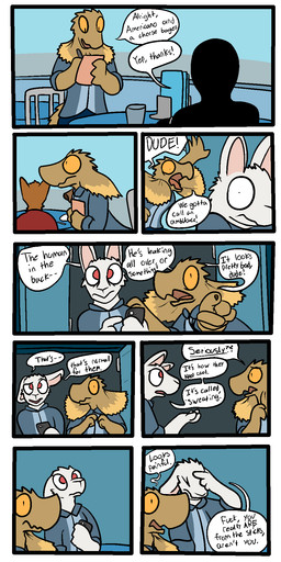 ambiguous_gender anthro bodily_fluids claws clothed clothing dialogue diner fur humor male open_mouth panicking restaurant scared sitting speech_bubble sweat text tongue trout_(artist) agamid canid canine frilled_lizard human lagomorph leporid lizard mammal rabbit reptile scalie 1:2 2016 aliasing comic digital_media_(artwork) english_text hi_res