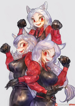 belt big_breasts blush bottomwear breasts clothing cute_fangs fangs female gloves grey_hair group hair handwear looking_at_viewer pants patreon_logo red_eyes simple_background smile teeth text trio girlsay helltaker patreon cerberus_(helltaker) animal_humanoid canid canid_humanoid demon humanoid mammal mammal_humanoid 2020 hi_res url