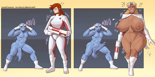abs balls big_balls big_breasts big_penis bimbofication black_sclera blonde_hair blue_body blue_skin boots breast_growth breasts brown_hair clothing dominant dominant_humanoid dominant_male erection expansion eye_roll female footwear genitals gloves growth hair handwear highlights_(coloring) huge_balls huge_breasts huge_penis humanoid_genitalia humanoid_penis humanoid_vulva hypnosis interrobang laser_gun male mind_control muscle_tone muscular muscular_humanoid muscular_male pecs penis pink_highlights pubes ranged_weapon science_fiction shoes submissive submissive_female submissive_human text thick_thighs thigh_expansion torn_clothing vein veiny_penis vulva weapon white_boots white_clothing white_footwear white_gloves white_handwear wide_hips jamesab alien alien_humanoid human humanoid mammal comic english_text hi_res