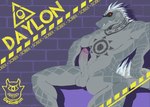 anthro balls erection fangs genitals humanoid_genitalia humanoid_penis male mask non-mammal_balls penis red_eyes solo spikes spread_legs spreading tattoo teeth text dasinbun dislyte lilith_games daylon_(dislyte) sobek crocodile crocodilian reptile scalie hi_res