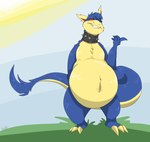 ambiguous_gender anthro belly big_belly big_tail blue_body blue_fur collar fur looking_at_viewer navel red_eyes simple_background solo spiked_collar spikes tail tail_tuft teeth tuft yellow_body yellow_fur krona999 nintendo pokemon generation_2_pokemon pokemon_(species) typhlosion hi_res