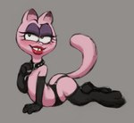 accessory clothing collar female feral garter gloves handwear legwear lipstick looking_at_viewer lying makeup on_front red_lipstick seductive semi-anthro solo stockings teeth tooth_gap crookedtrees garfield_(series) arlene_(garfield) domestic_cat felid feline felis mammal